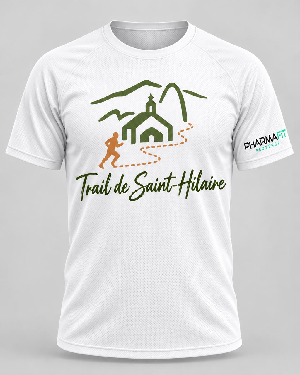 T-shirt blanc du Trail de Saint-Hilaire, motif chapelle et coureur